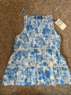 THML White and Blue Floral Smocked Shirt